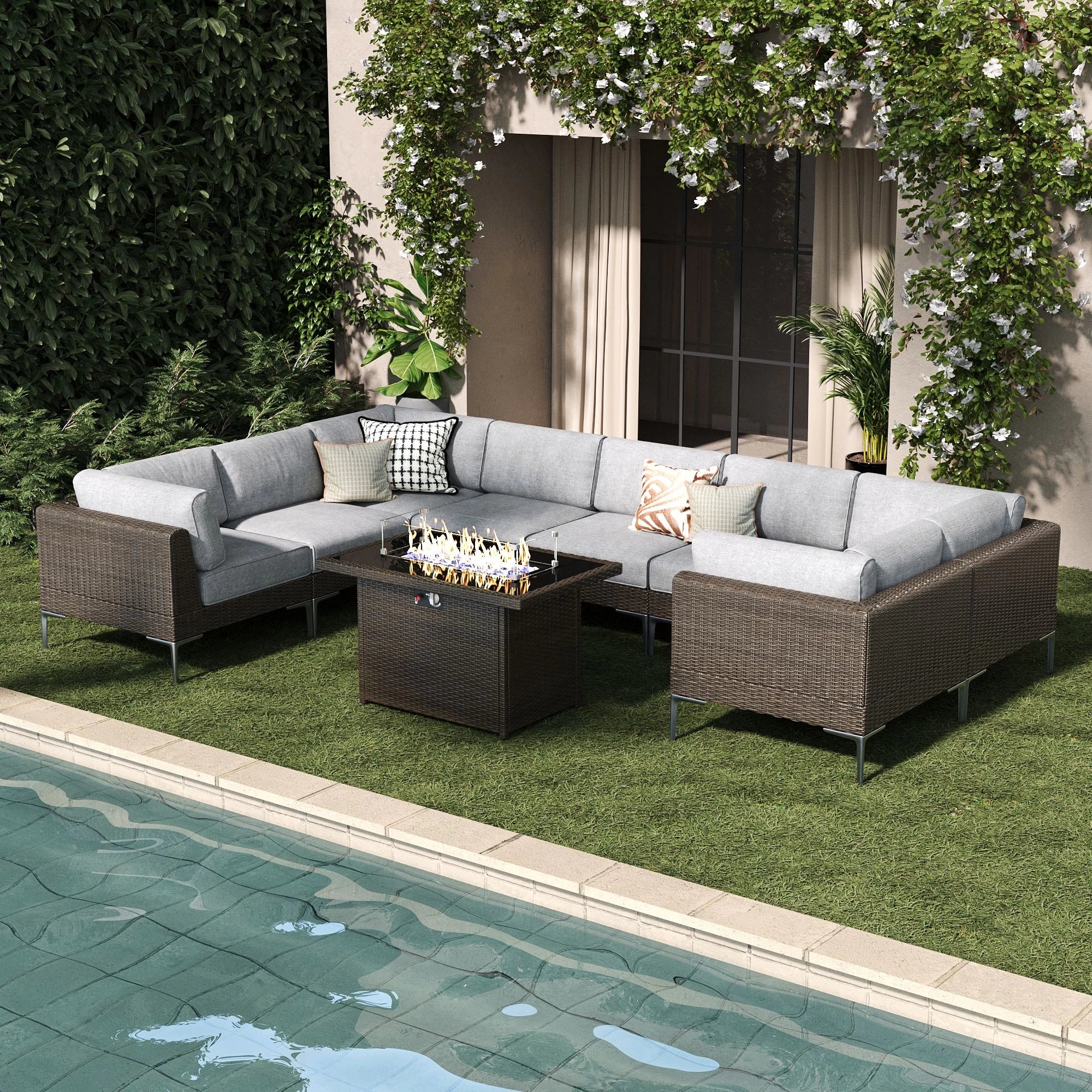 LayinSun 9-Piece Wicker Outdoor L-Shaped Modular Sectional Sofa Set with Fire Pit Table