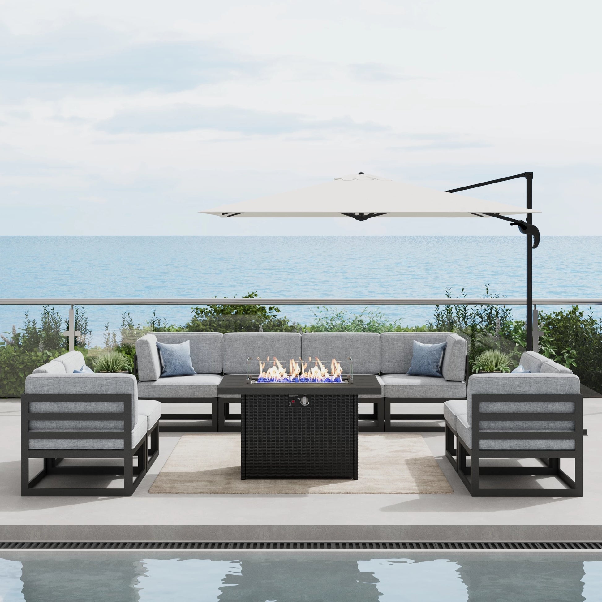 LayinSun 9 - Piece Large Outdoor Modular Sectional Set with Propane Fi LayinSun 9 - Piece Large Outdoor Modular Sectional Set with Propane Fi