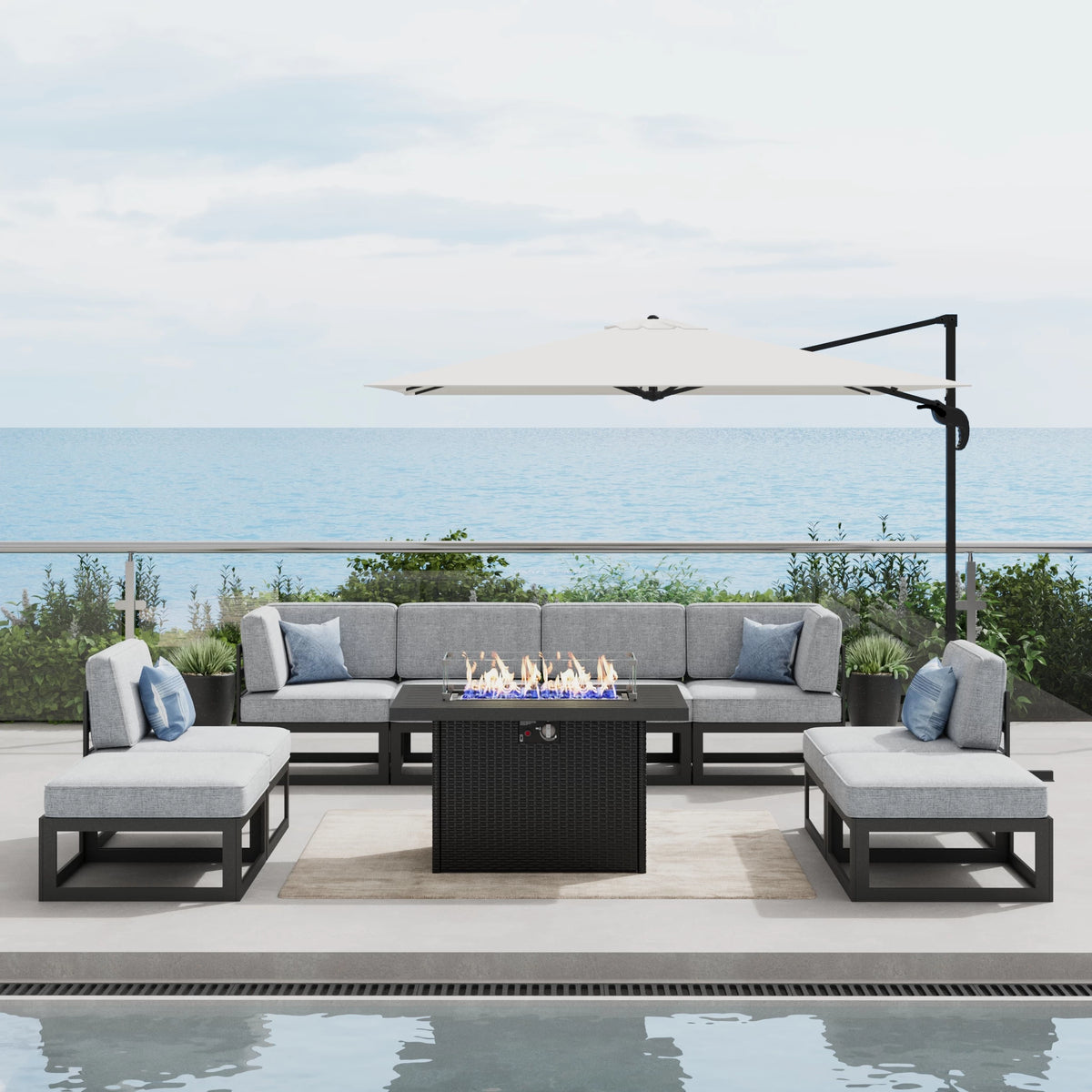 LayinSun 9 - Piece Large Outdoor Modular Sectional Set with Propane Fire Pit Table