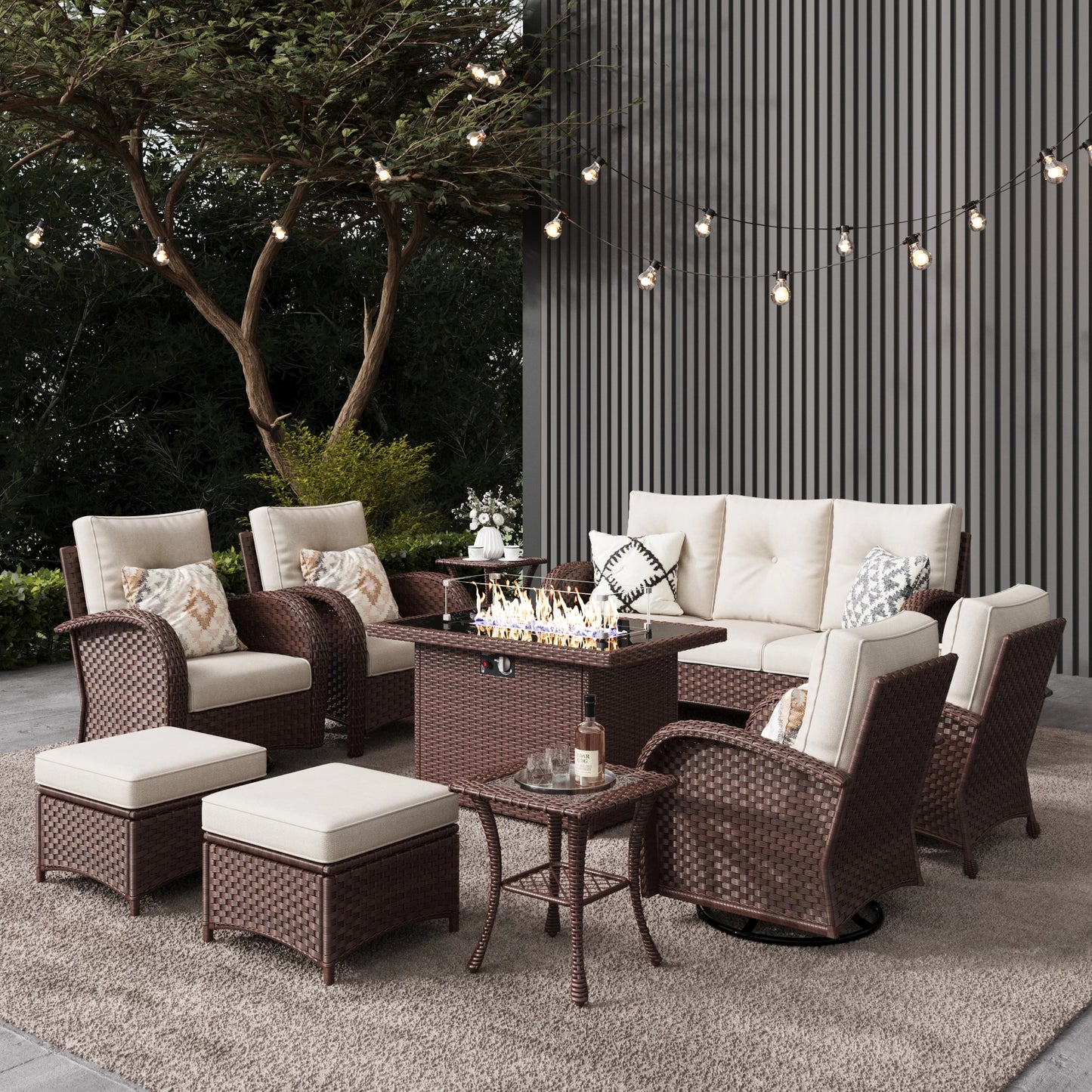 LayinSun 10 Piece Outdoor Wicker Swivel Chairs Conversation Set with
