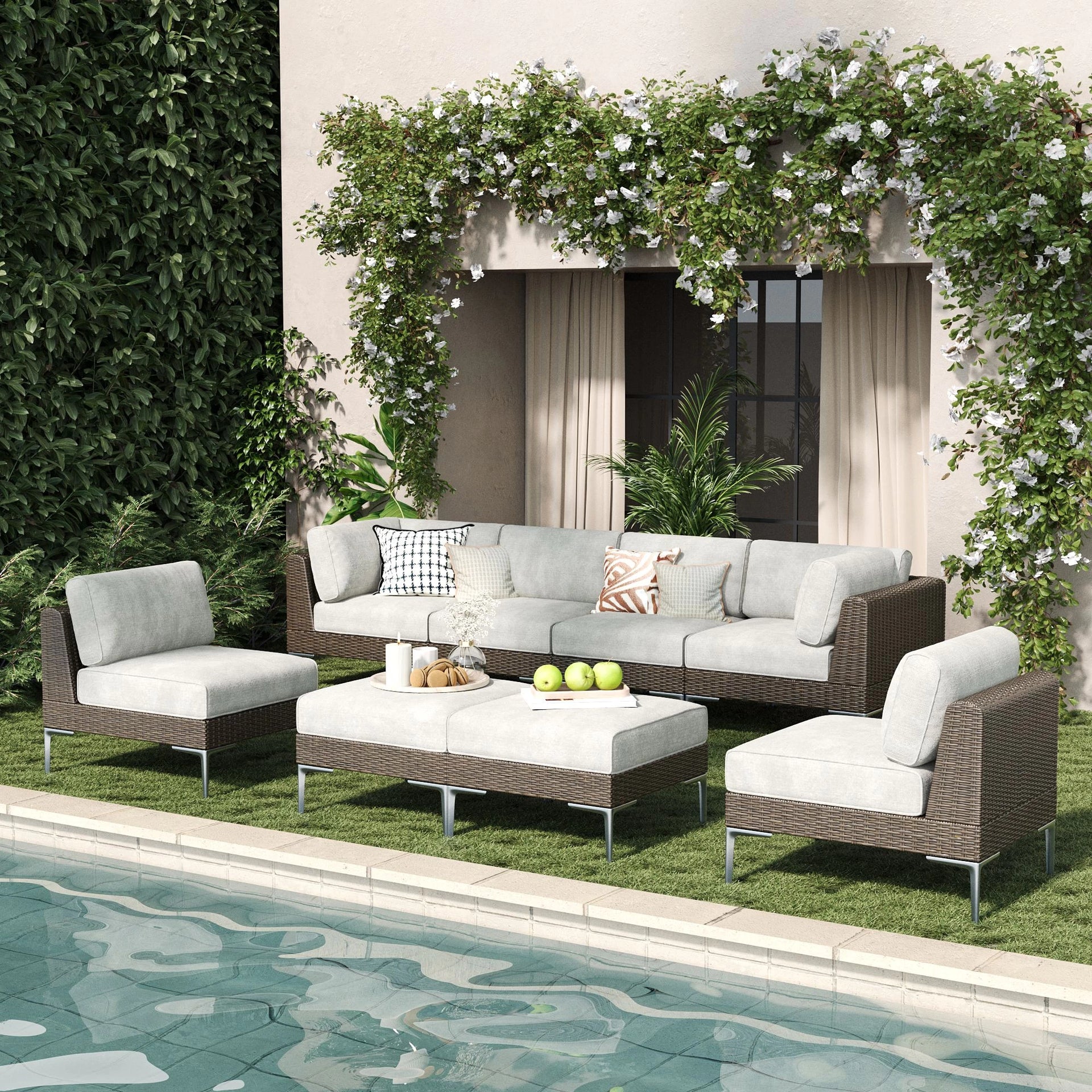 【即日配送】Acme Furnitureラウンドクッション 2個セット LayinSun 8-Piece Wicker Outdoor L-Shaped Modular Sectional Sofa Set De
