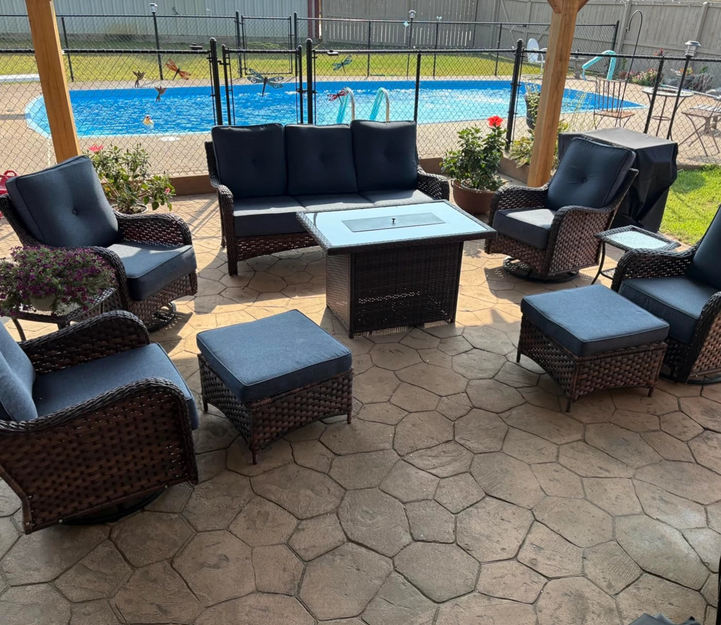 LayinSun 8 - Piece Swivel Glider Conversation Set with 6-Inch Thick Cushions and Fire Pit Table