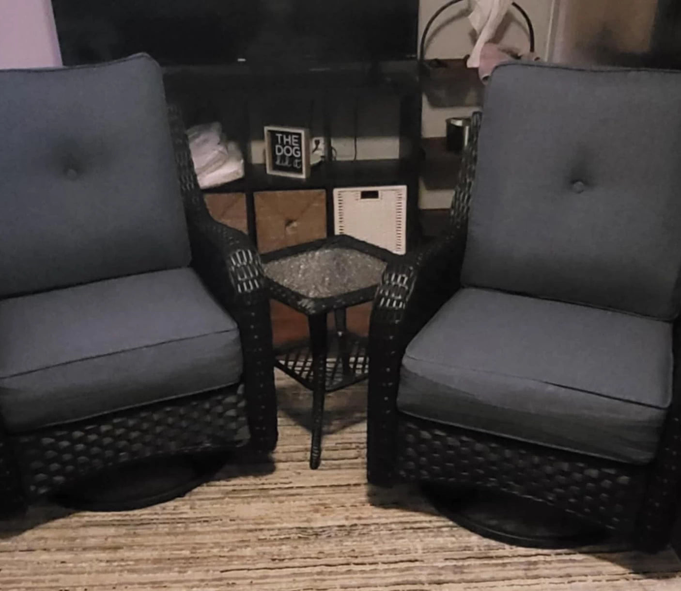 LayinSun 8 - Piece Swivel Glider Conversation Set with 6-Inch Thick Cushions and Fire Pit Table