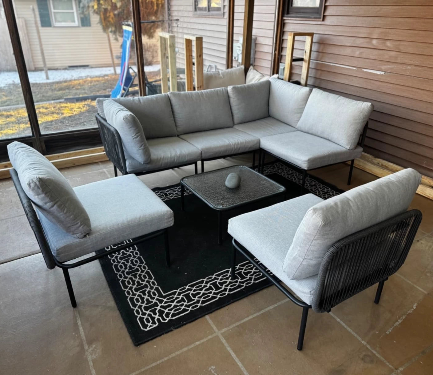 LayinSun 11-Piece Outdoor Wicker Rope Modular Sectional Sofa Set with Fire Pit Table