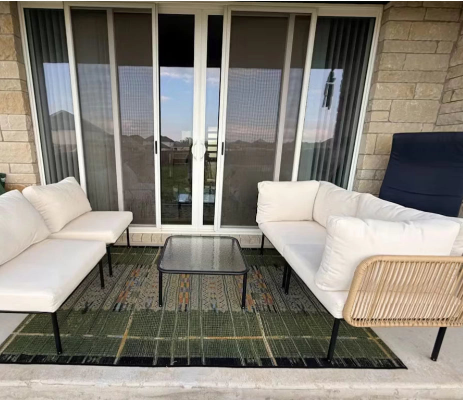 LayinSun 11-Piece Outdoor Wicker Rope Modular Sectional Sofa Set with Fire Pit Table