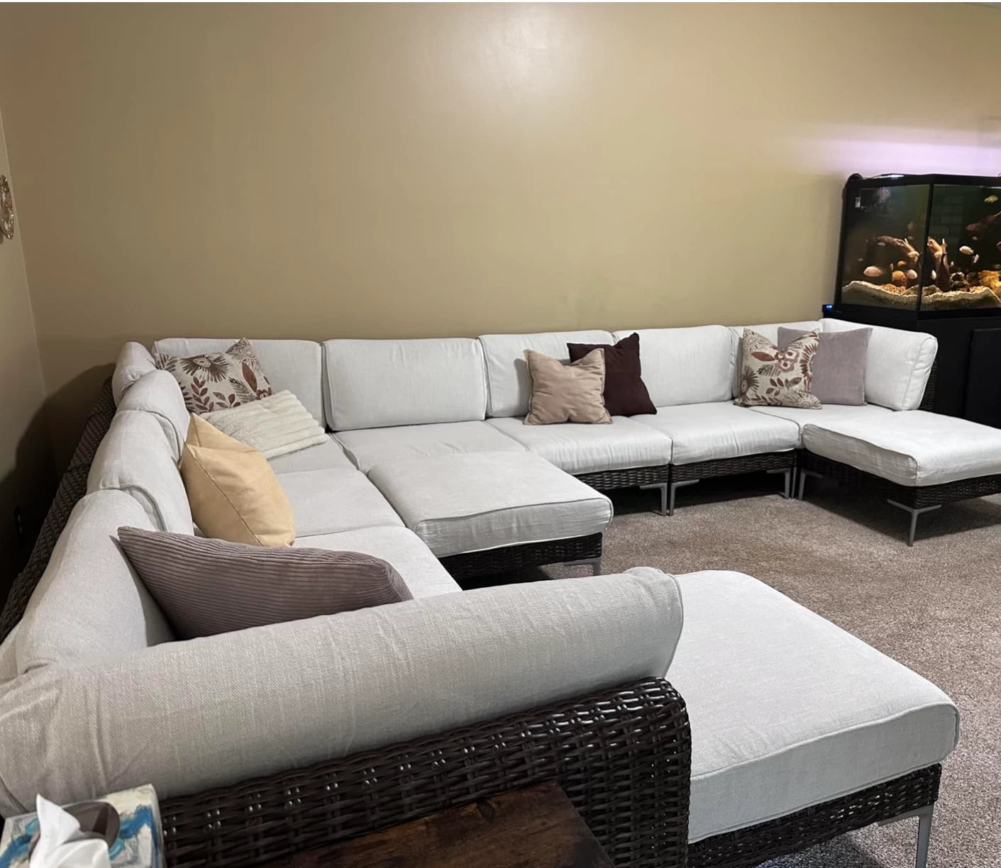 LayinSun 11-Piece Wicker Outdoor L-Shaped Modular Sectional Sofa Set with Fire Pit Table