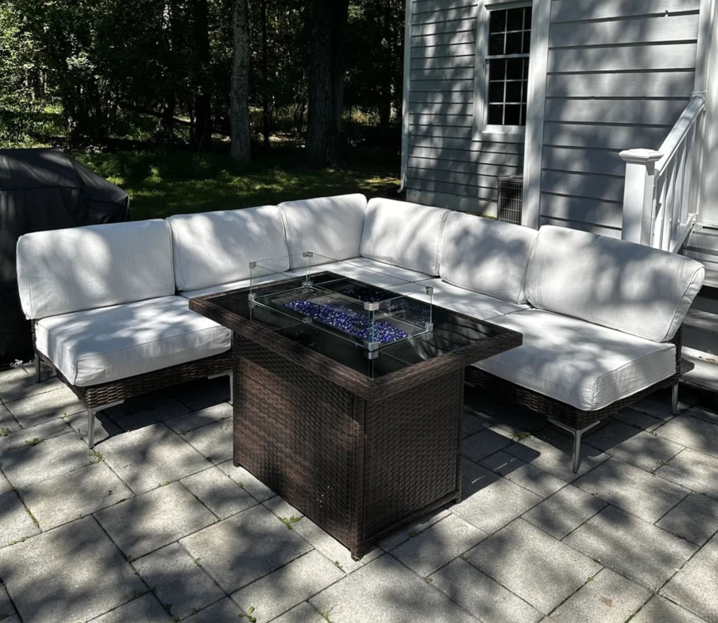 LayinSun 11-Piece Wicker Outdoor L-Shaped Modular Sectional Sofa Set with Fire Pit Table