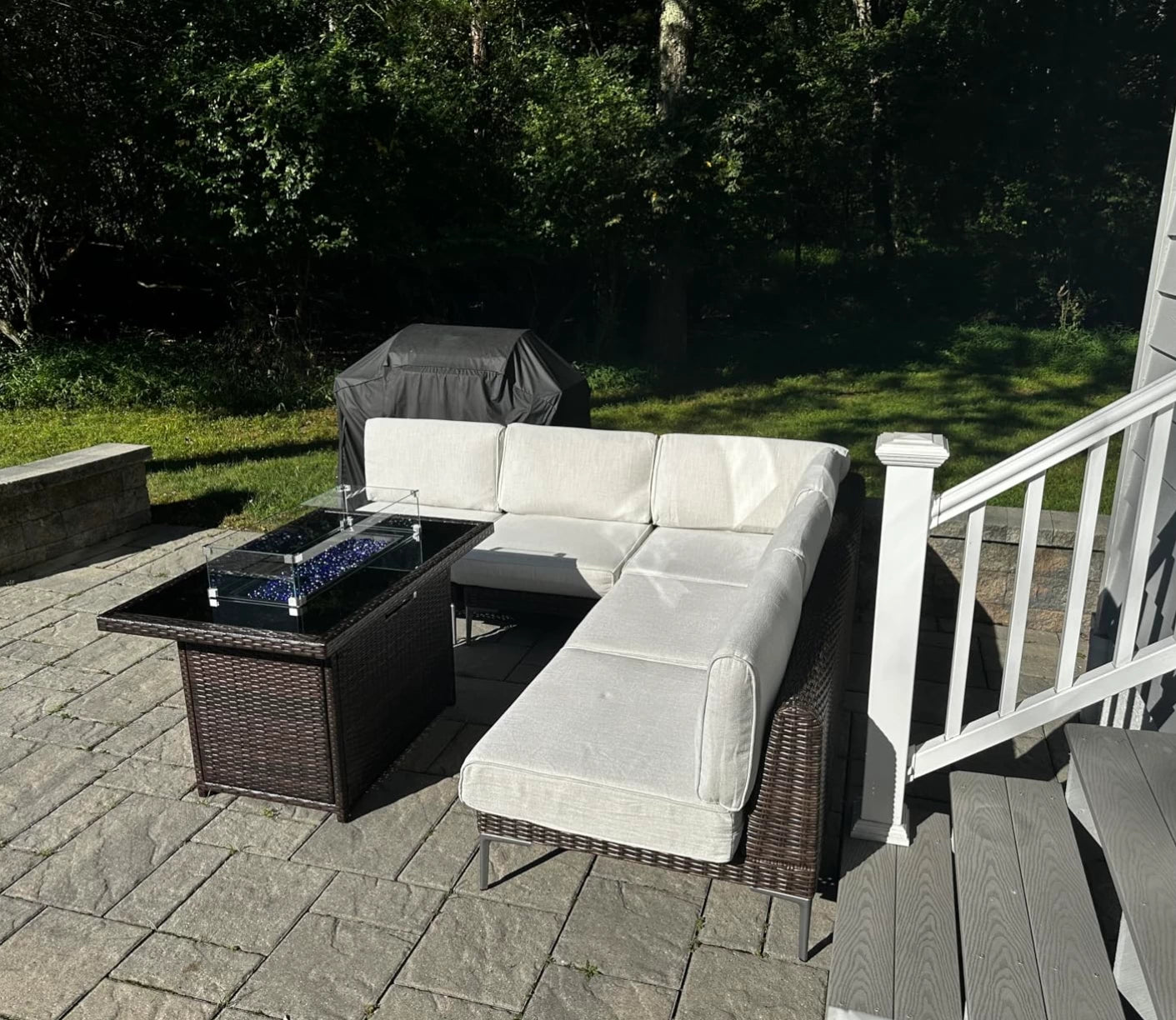 LayinSun 11-Piece Wicker Outdoor L-Shaped Modular Sectional Sofa Set with Fire Pit Table