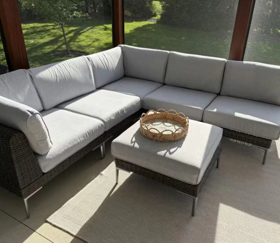 LayinSun 11-Piece Wicker Outdoor L-Shaped Modular Sectional Sofa Set with Fire Pit Table
