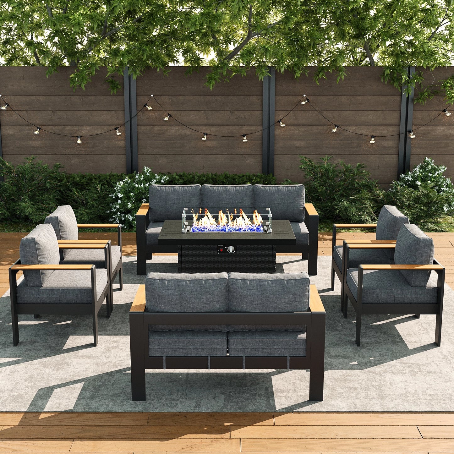 LayinSun 7 件套铝制户外休闲火炉套装，带木塑扶手