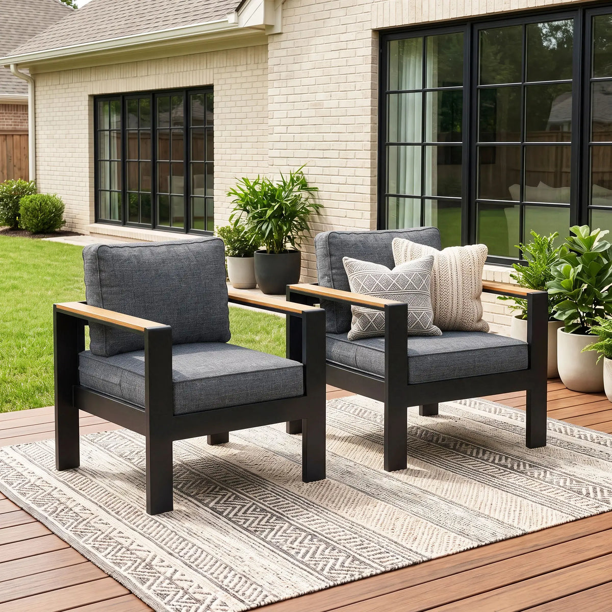LayinSun 2 Piece Outdoor Armchair with Wood Plastic Armrest - Aosta Collection