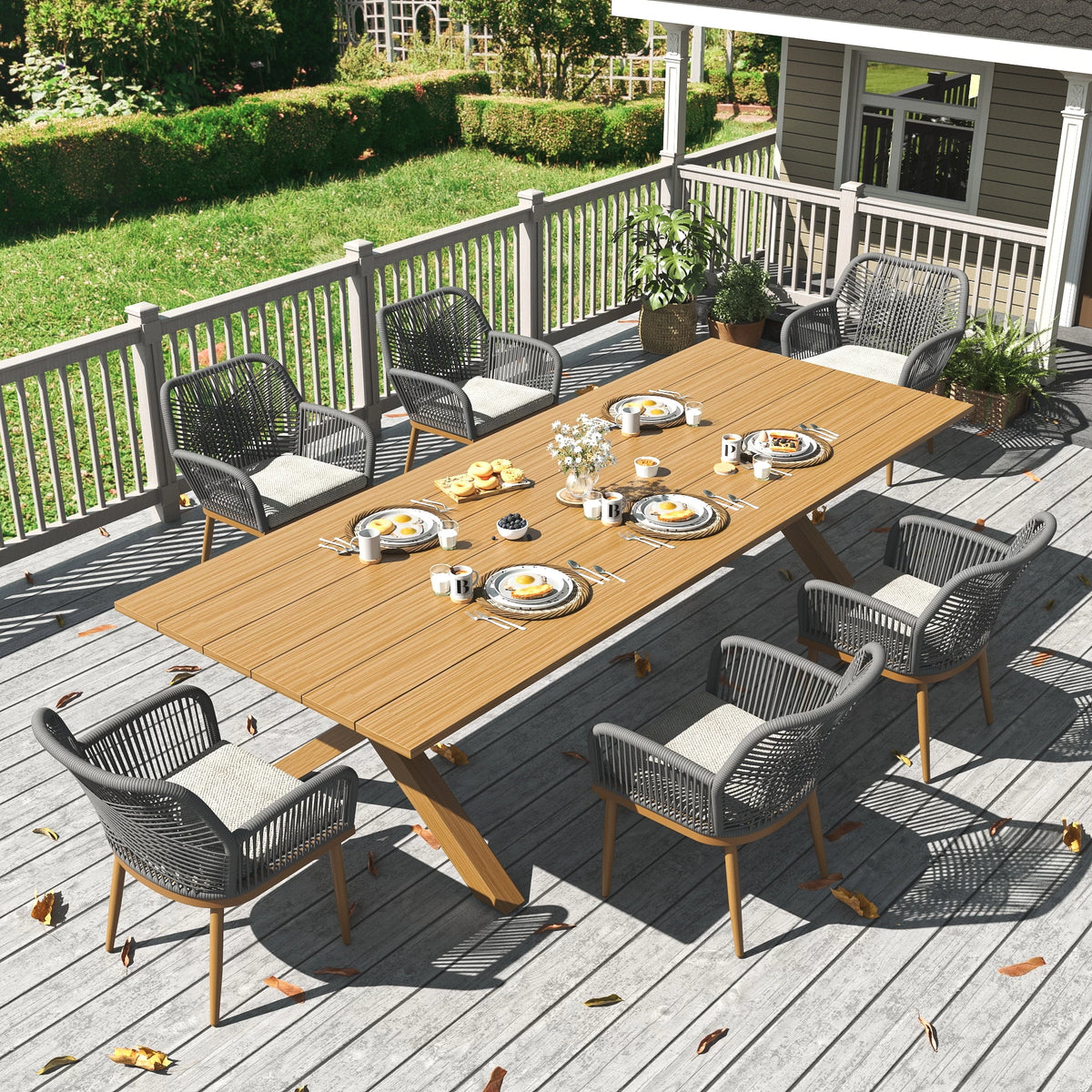 LayinSun 7-Piece Rectangular Outdoor Dining Table with Rattan Dining Armchair Set