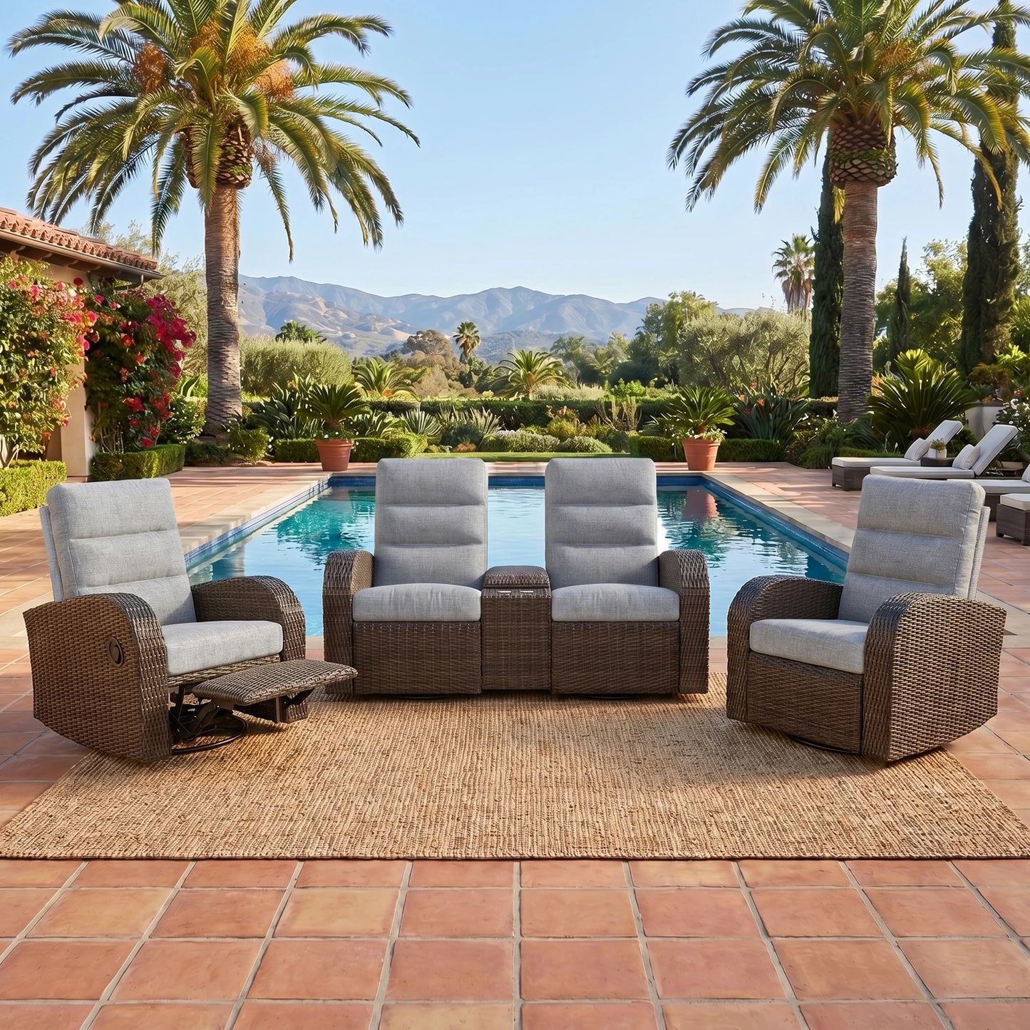LayinSun 3-Piece Wicker Outdoor Reclining Loveseat Set with Glider Recliners