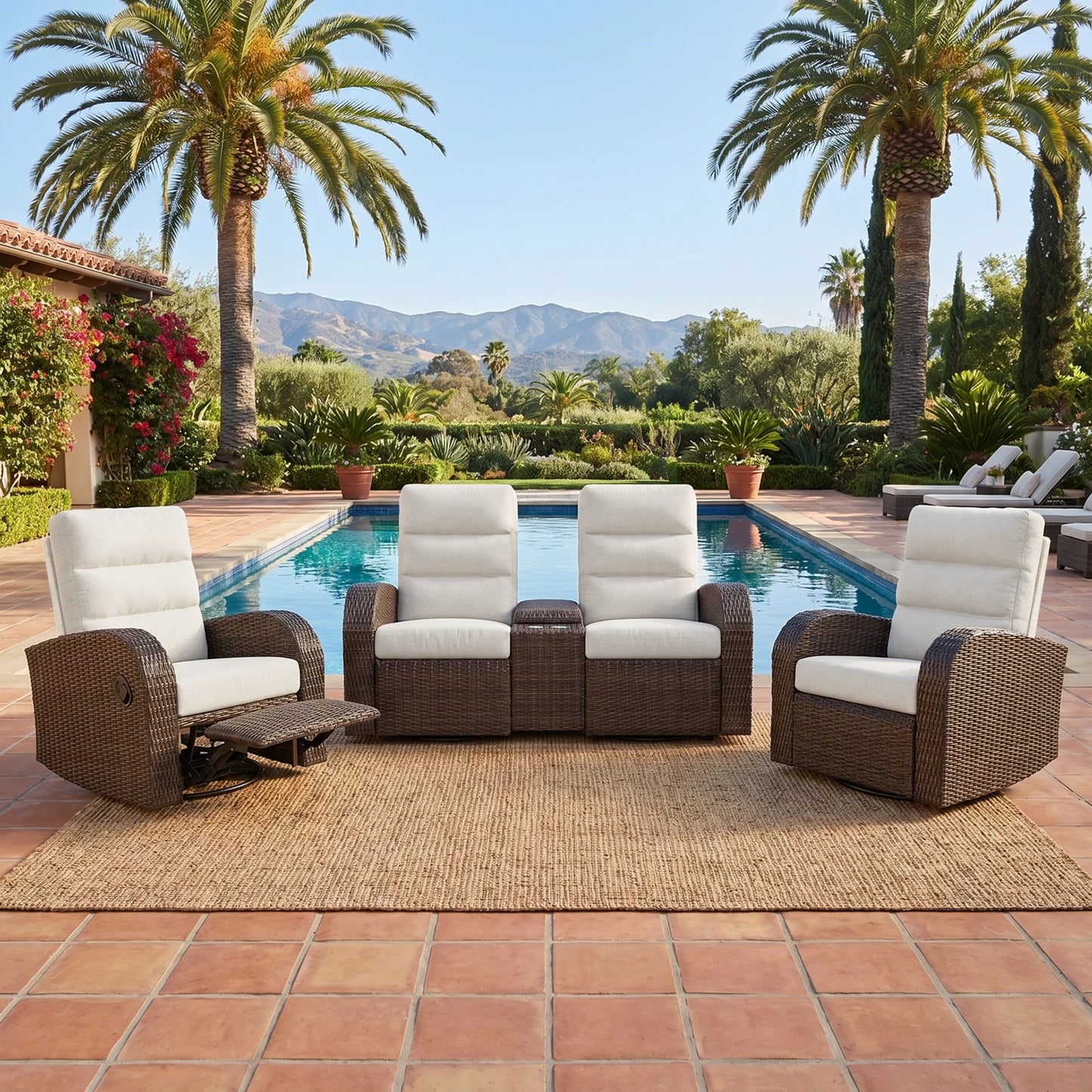 LayinSun 3-Piece Wicker Outdoor Reclining Loveseat Set with Glider Recliners