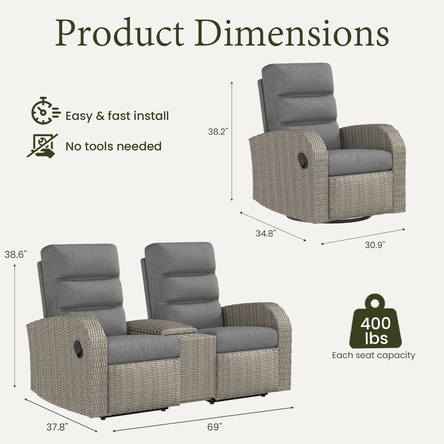 LayinSun 3-Piece Wicker Outdoor Reclining Loveseat Set with Glider Recliners