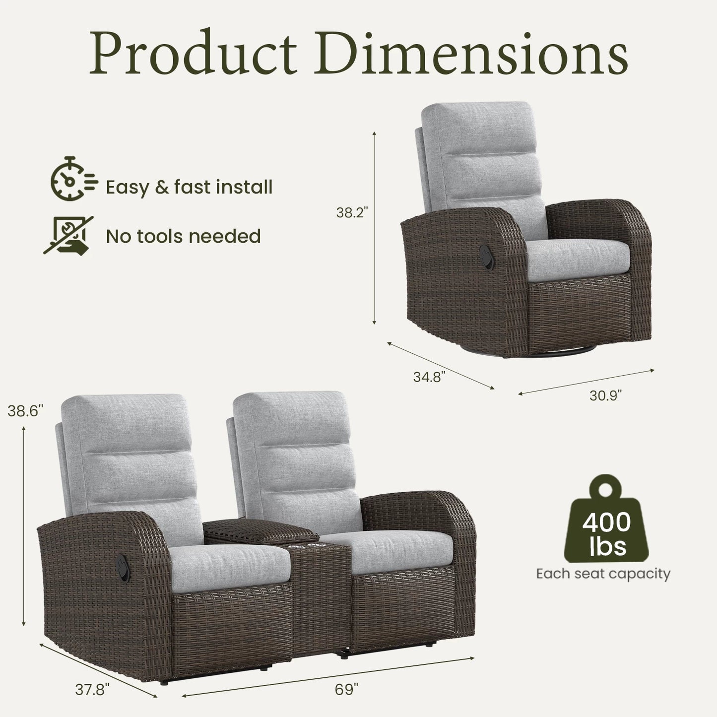 LayinSun 3-Piece Wicker Outdoor Reclining Loveseat Set with Glider Recliners
