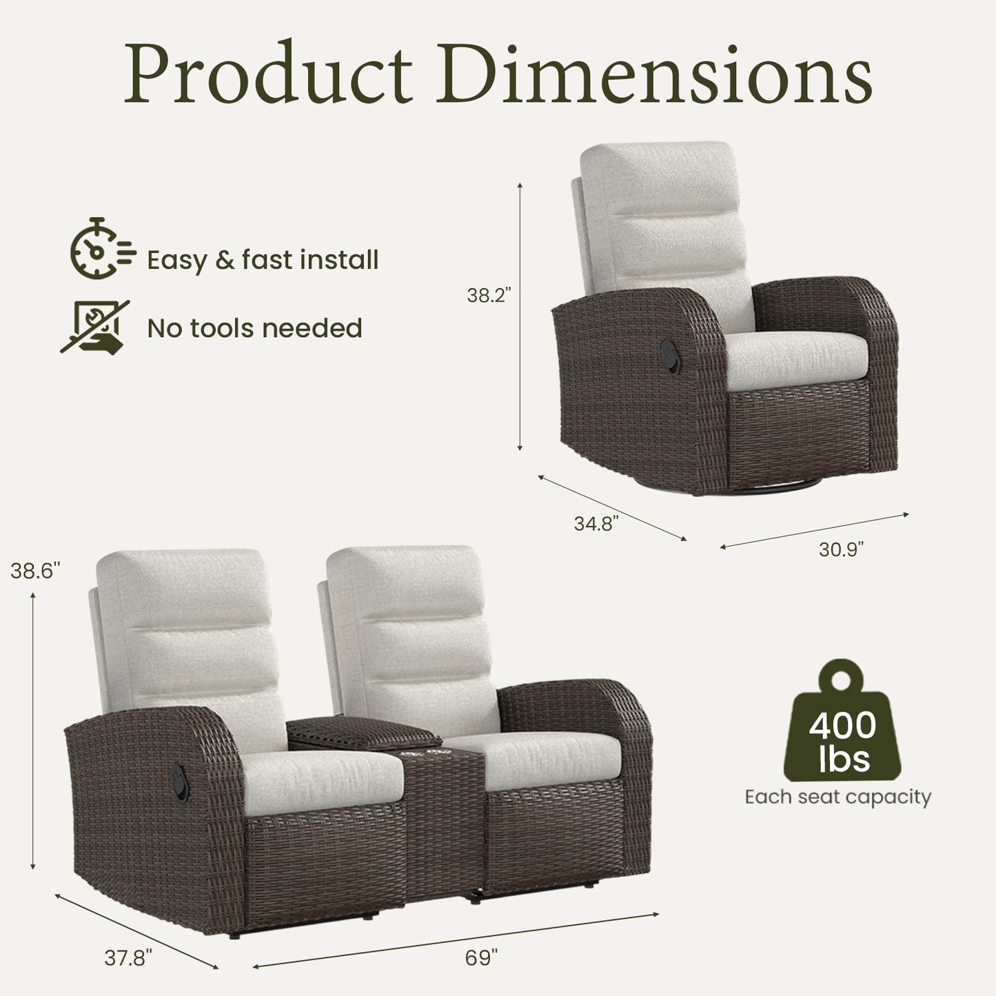 LayinSun 3-Piece Wicker Outdoor Reclining Loveseat Set with Glider Recliners