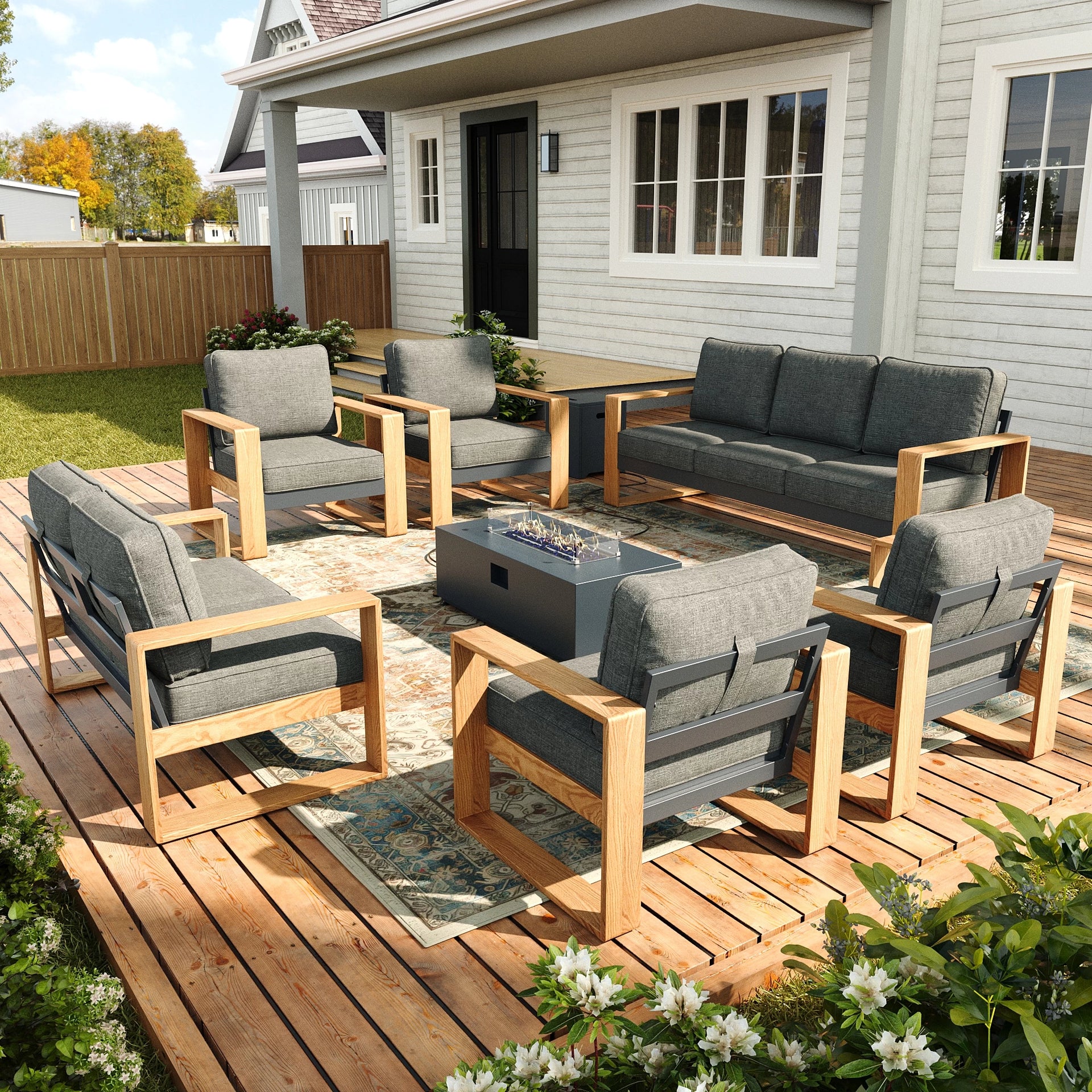 LayinSun 7-Piece Aluminum Outdoor Seating Group with 42 Inch Fire Pit